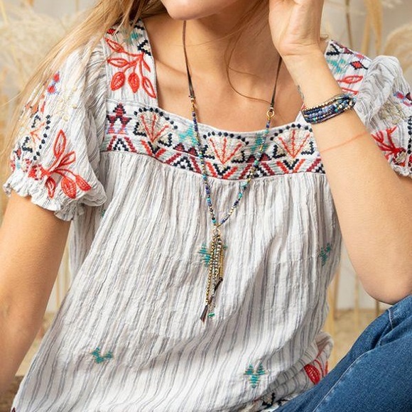 Johnny Was Mareen Puff-Sleeve Striped Peasant Top - Picture 9 of 9